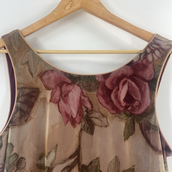 Old world roses mauve beige green flowing chiffon maxi dress Medium - Picture 2 of 15